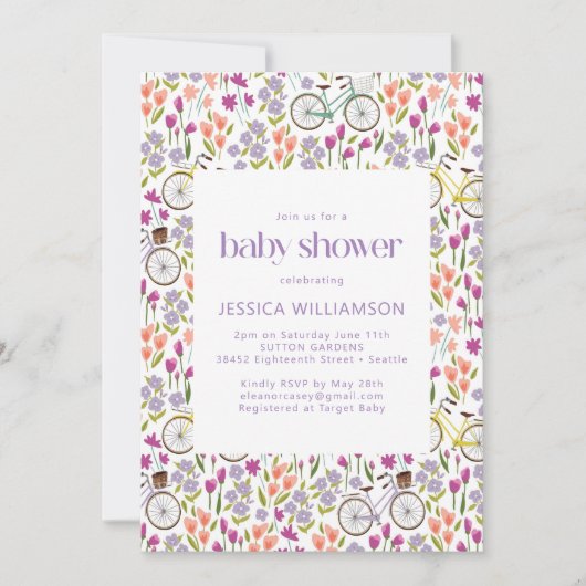 Invitation Vintage Boho Bicycle Baby shower Floral (Devant)