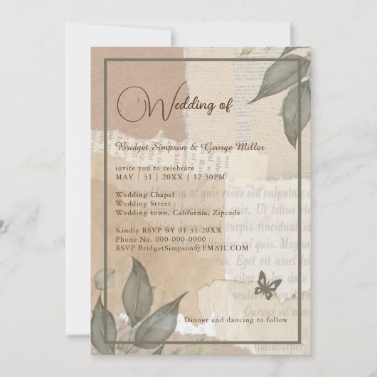 Invitation Vintage boho chic verdure mariage monogramme  (Devant)