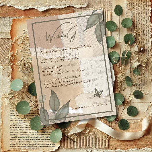 Invitation Vintage boho chic verdure mariage monogramme