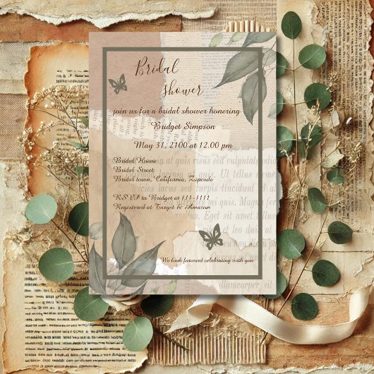 Invitation vintage boho chic verdure monogramme douche nuptia