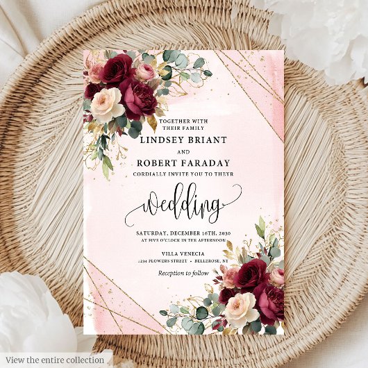 Invitation Vintage Boho Maroon Gold Blush Flowers Mariage