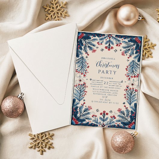 Invitation Vintage Botanical Red and Blue Holiday