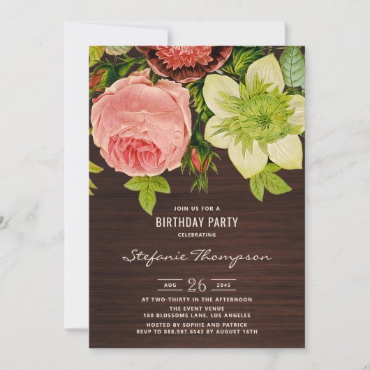 Invitation Vintage Botanique Floral Bois rustique Anniversair (Devant)