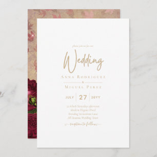 Invitation Vintage Botanique Rouge profond Roses Mariage Or T