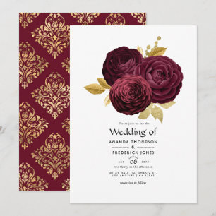 Invitation Vintage Bourgogne et Mariage Floral d'or