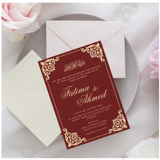 Invitation Vintage Bourgogne musulman Mariage