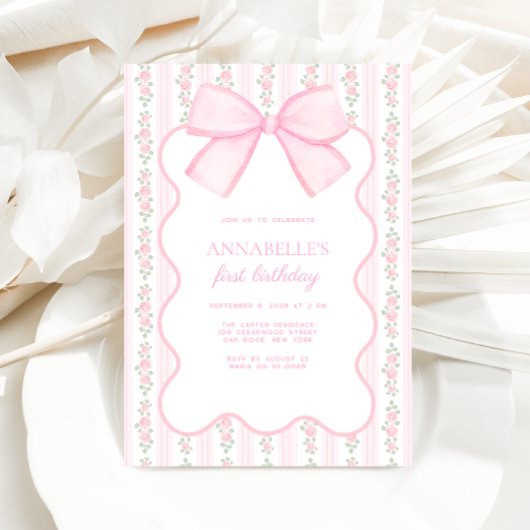 Invitation Vintage Bow rose Floral Élégant anniversaire