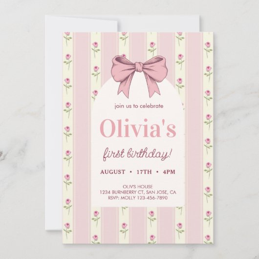Invitation Vintage Bow rose Floral Girl Anniversaire (Devant)