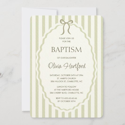 Invitation Vintage bow stripe pattern gender neutral baptism (Devant)