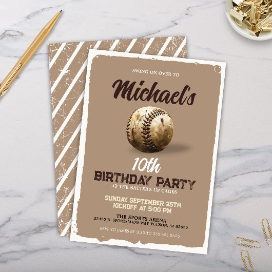 Invitation Vintage Boys Beige Sport Baseball Anniversaire