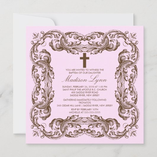Invitation vintage Brown et rose de baptême de (Devant)