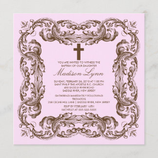 Invitation vintage Brown et rose de baptême de