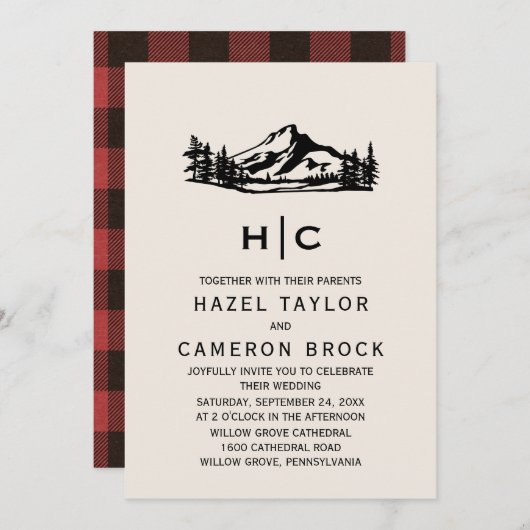 Invitation Vintage Buffalo Plaid Monogramme Mariage (Devant / Derrière)