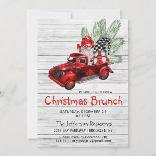 Invitation Vintage Buffalo Red Truck Gnomes Noël Brunch
