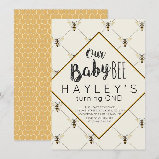Invitation Vintage Bumble Bee Baby Bee 1er Anniversaire (Devant / Derrière)