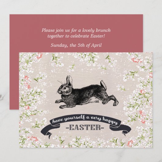 Invitation Vintage Bunny Custom Brunch de Pâques (Devant / Derrière)