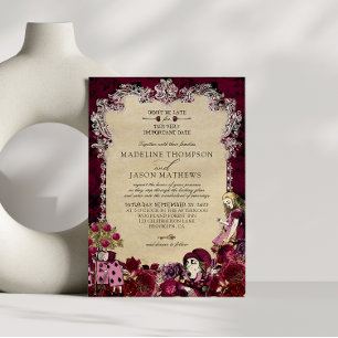 Invitation Vintage Burgundy Gold Alice en Wonderland Mariage