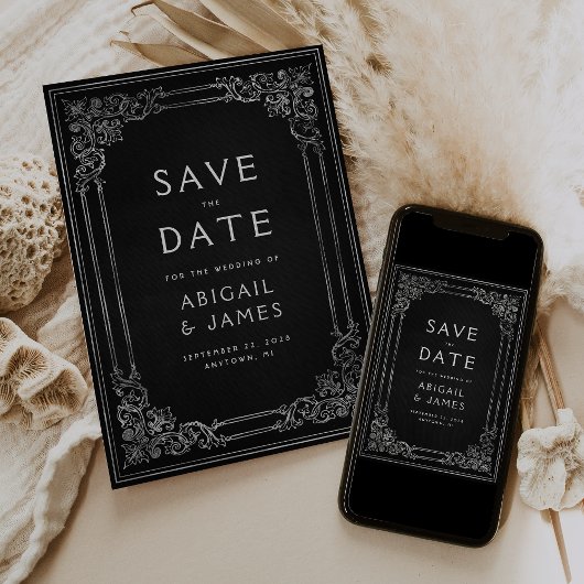 Invitation Vintage cadre Black Silver Wedding Enregistrer la 