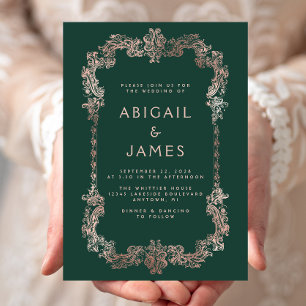 Invitation Vintage cadre Emerald Green Rose Mariage or