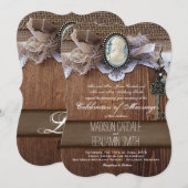 Invitation Vintage Cameo Key Burlap Wood Wedding Invite (Devant / Derrière)