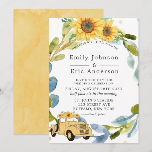 Invitation Vintage Camion Jaune Sunflowers Blue Mariage Invit (Devant / Derrière)