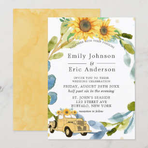 Invitation Vintage Camion Jaune Sunflowers Blue Mariage Invit