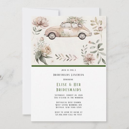 Invitation Vintage Car Floral Bridesmaitres Déjeuner (Devant)
