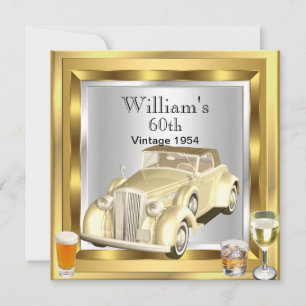 Invitation Vintage Car Mens 60e Anniversaire Party Gold Silve