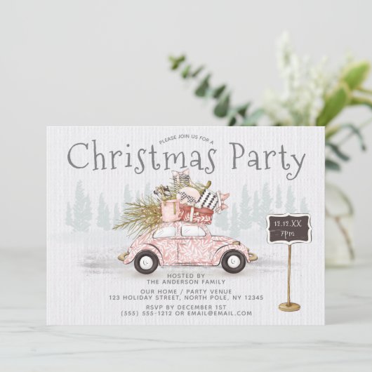 Invitation Vintage Car Woodland Noël Party (Debout devant)