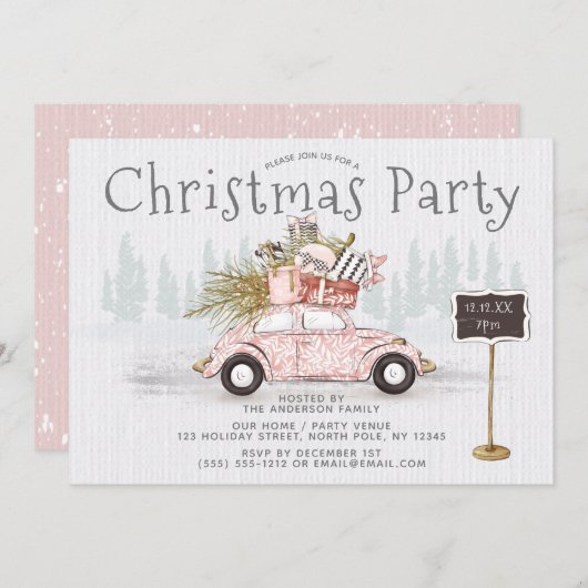 Invitation Vintage Car Woodland Noël Party (Devant / Derrière)