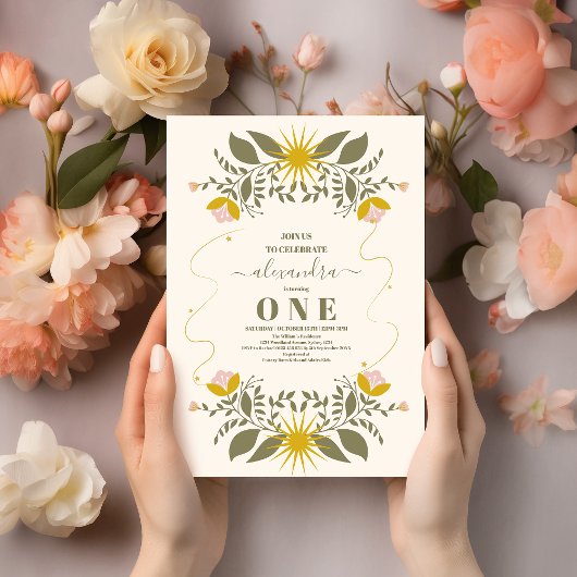 Invitation Vintage céleste Botanique 1er anniversaire