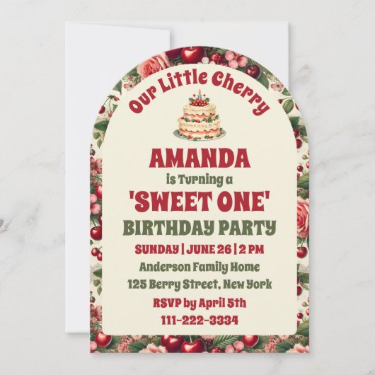 Invitation Vintage cerise 'Sweet One' 1er anniversaire (Devant)
