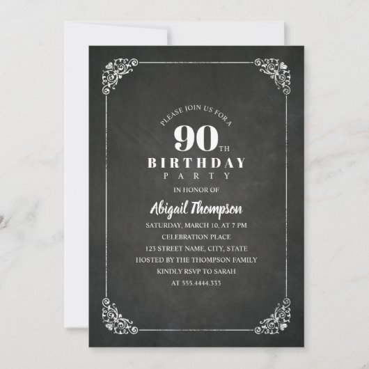 Invitation Vintage Chalkboard Adulte 90e anniversaire (Devant)