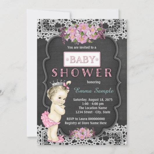 Invitation Vintage Chalkboard Baby Girl Douche (Devant)