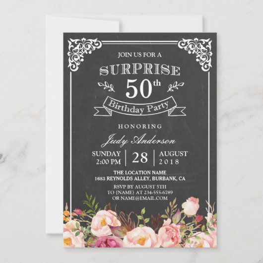 Invitation Vintage Chalkboard Floral Surprise fête d'annivers (Devant)