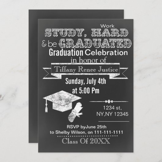 Invitation vintage Chalkboard Graduation Party (Devant / Derrière)