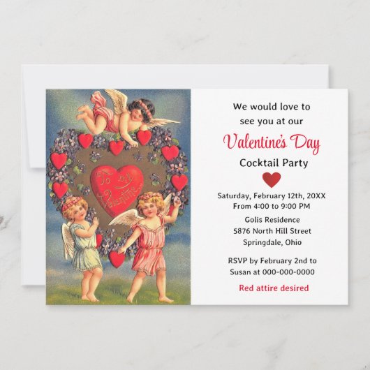 Invitation Vintage Cherub Angels Coeurs rouges Saint Valentin (Devant)