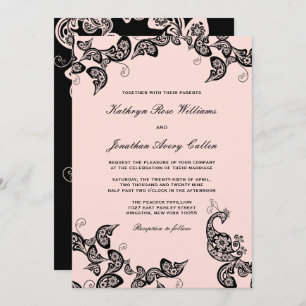 Invitation Vintage Chic Floral Black Peacock Mariage Invitati