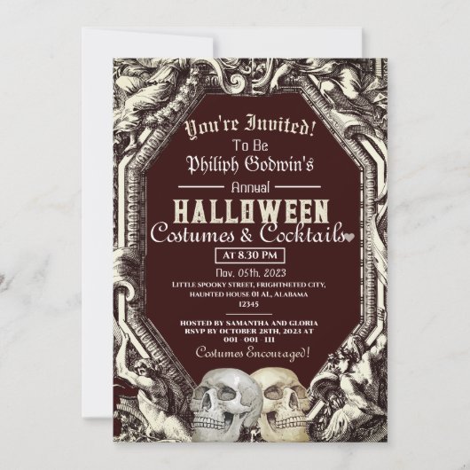 Invitation Vintage Chic Gothique Crâne Halloween Costume Part (Devant)