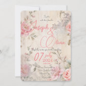 Invitation Vintage chic mariage floral rose psy (Devant)