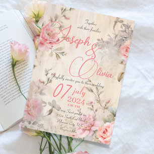 Invitation Vintage chic mariage floral rose psy