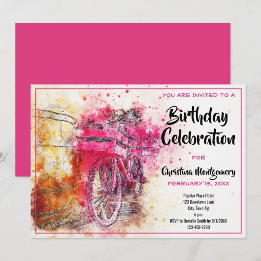 Invitation Vintage Chic Rose Aquarelle Vélo Anniversaire (Devant / Derrière)