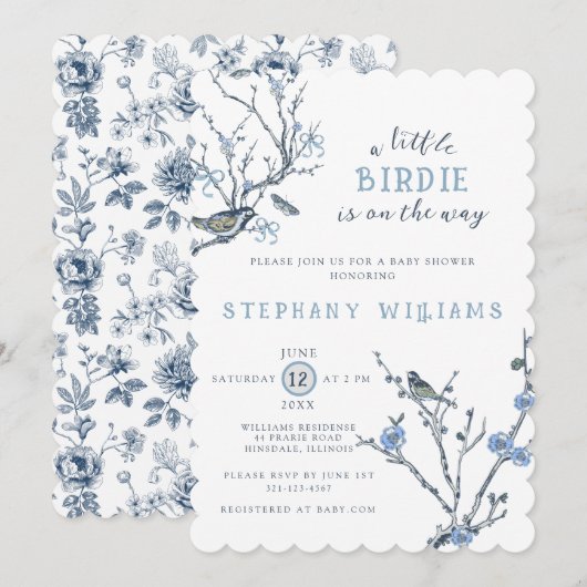 Invitation vintage Chinoiserie Bird Baby shower (Devant / Derrière)