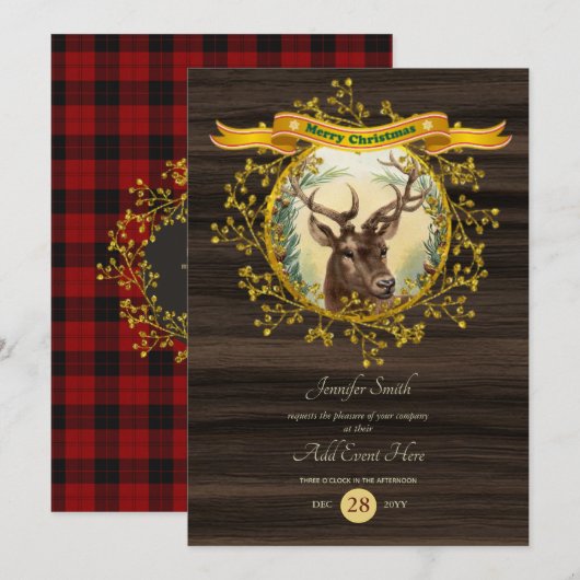 Invitation Vintage Christmas STAG Party Buffalo Plaid Event (Devant / Derrière)