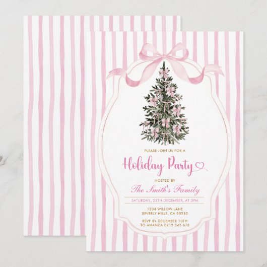 Invitation Vintage Christmas Tree Pink Bow Holiday Party  (Devant / Derrière)