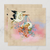 Invitation Vintage cigogne bébé garçon douche (Devant / Derrière)