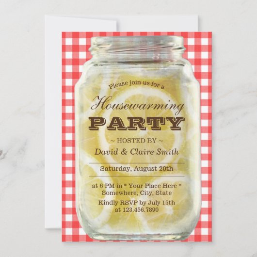 Invitation Vintage Citrons Jar Plaid Red House Party (Devant)