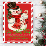 Invitation Vintage classique Snowman fête de Noël personnalis<br><div class="desc">Cette invitation de Noël rétro et vintage du milieu du siècle présente une bordure rouge et blanche sucre de canne avec un adorable bonhomme de neige portant un chapeau, un foulard et portant un sucre de canne. Les mots "rejoignez-nous pour une soirée très joyeuse" ajoutent à l'atmosphère rétro du milieu...</div>