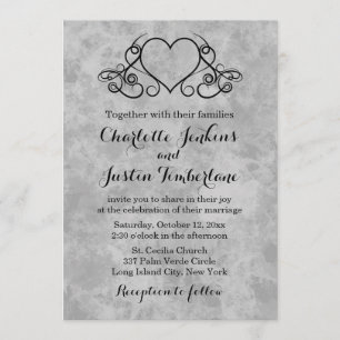 Invitation Vintage Coeur noir et gris Mariage d'aquarelle