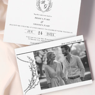 Invitation Vintage Crest élégant noir et blanc mariage photo